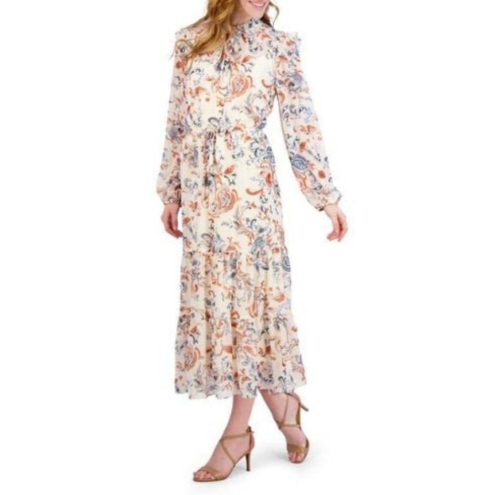 NWT - Julia Jordan Ivory Multi Floral Print Drawstring Midi Dress - Size 12